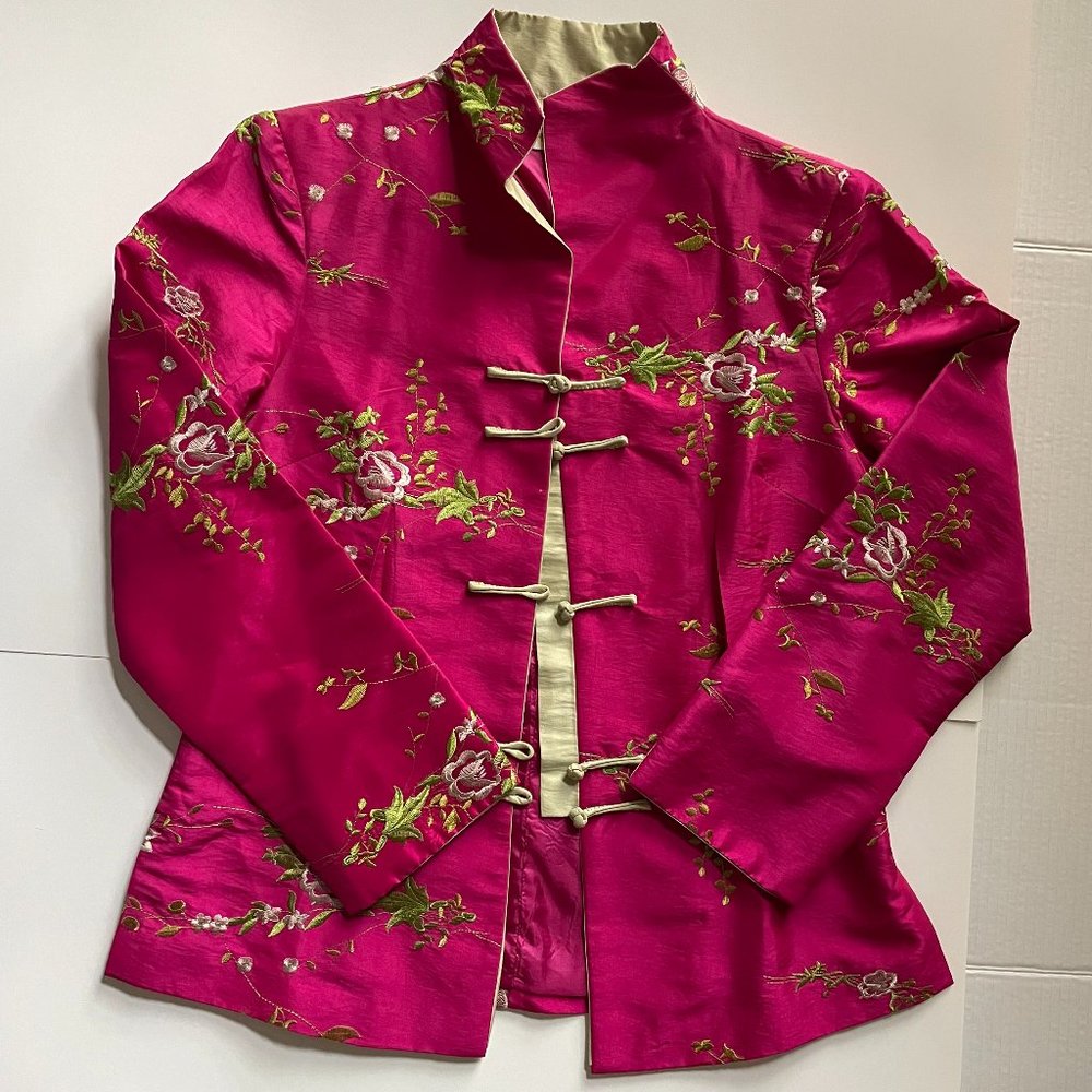 Chinese Style Pink & Green Floral Embroidered Long Sleeve Top